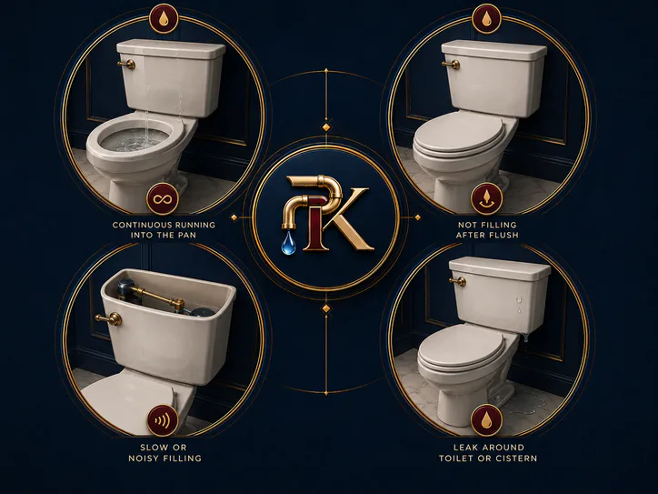 Illustration comparing rising or slow-clearing toilet bowl water with flush and cistern fault signs
