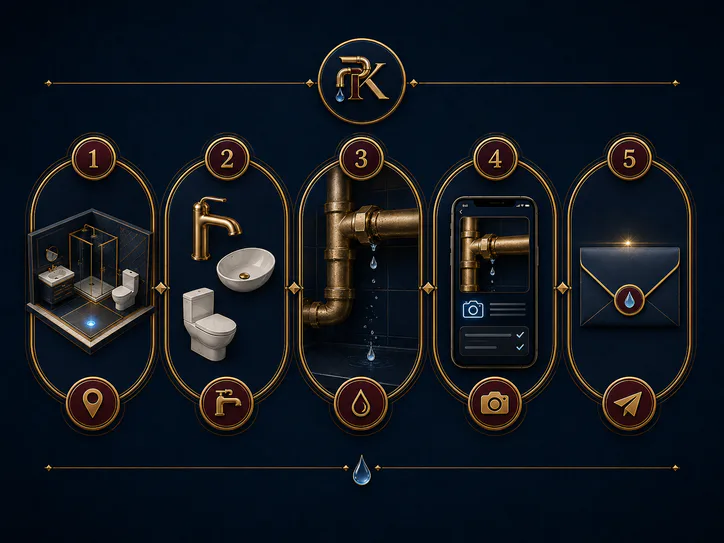 Illustrated steps for describing a plumbing enquiry: room, fixture, symptom, photo and enquiry