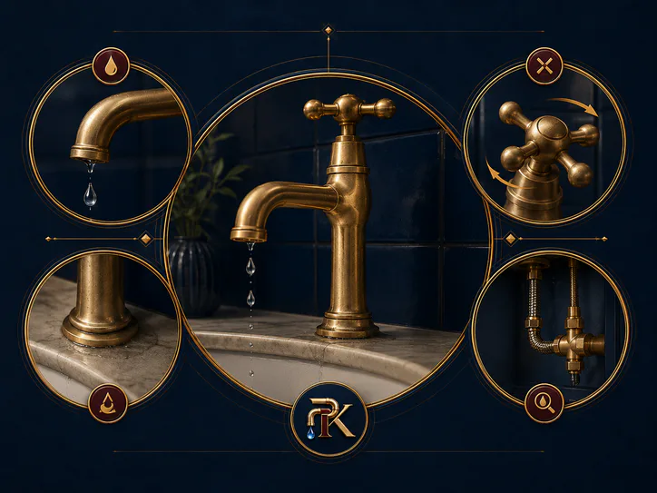 Illustration of common tap symptoms: a spout drip, base leak, stiff handle and visible under-sink connection