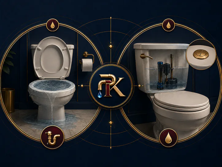 Illustration of toilet cistern states including continuous running, not filling, slow filling and a visible leak